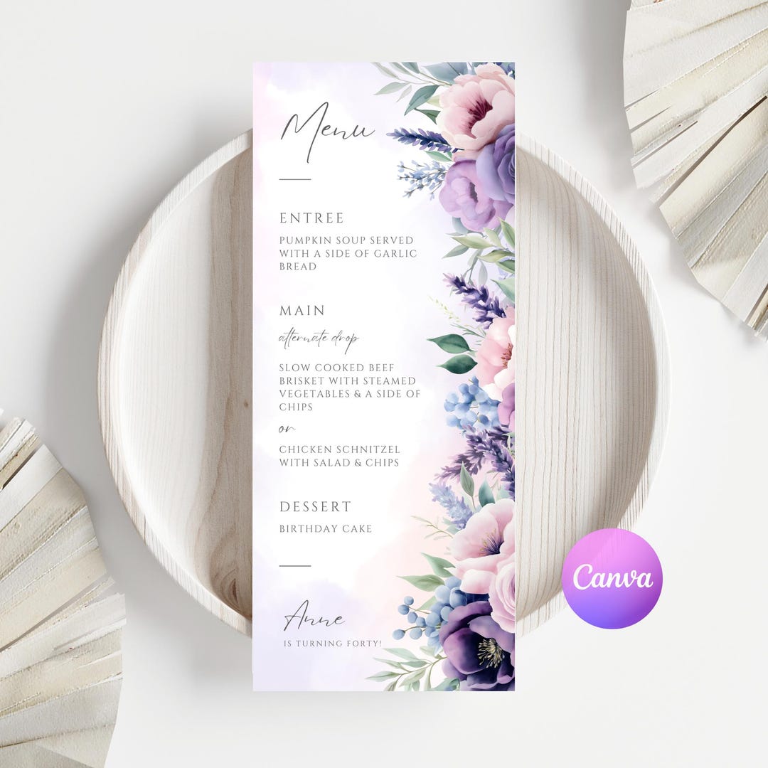Floral Birthday Menu Template – Purple Rose, Editable Canva (digital ...