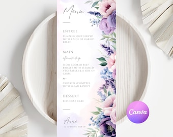 Modello di menu di compleanno floreale - Rosa viola, modificabile su Canva (download digitale)