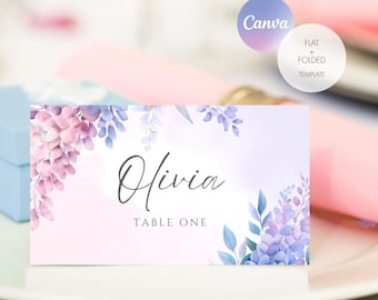 藤の花の席札 | 編集可能な花柄のネームカード | ライラックとラベンダーのウェディング・誕生日テンプレート