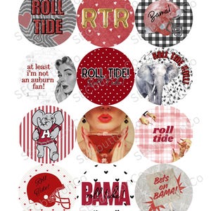 May include: A collection of circular designs with various graphics and text. Designs include a football helmet, an elephant, and the phrases "Roll Tide" and "Bama". Some circles have heart patterns, and others feature a retro woman.