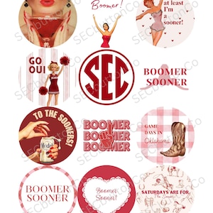 May include: A collection of round stickers with a vintage theme. The stickers feature images of a woman drinking a cocktail, a cheerleader, and a cowboy boot. Text includes "Boomer!", "SEC", and "Saturdays are for the Sooners!"