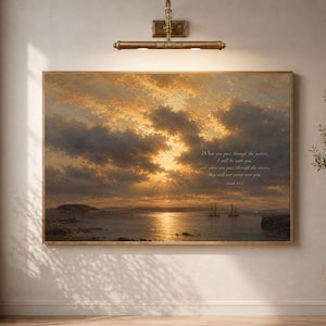Large Framed Isaiah 43:2 Christian Wall Art, Coastal Seascape Painting, Christian Canvas Print, Scripture Wall Decor, Cloudscape Modern Art