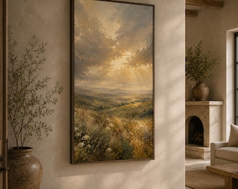 May include: A vertical framed wall art print depicting a landscape painting of rolling hills and fields under a dramatic sky with golden sunlight breaking through clouds. The scene features earthy tones of green, brown, and yellow with visible brushstrokes.