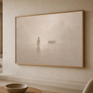 May include: A rectangular wall art print in a light wood frame featuring a monochromatic, sepia-toned scene of a figure standing on water while facing a small boat filled with people in the distance, set against a hazy, atmospheric background.
