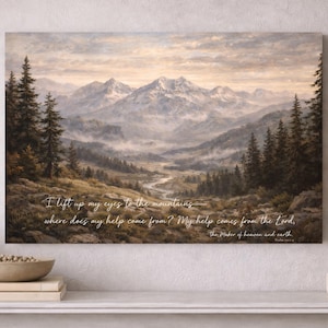 Mountain Scripture Wall Art Psalm 121, Christian Framed Canvas Print, Mountain Forest Cabin Painting, Faith Artwork, Rustic Home Decor
