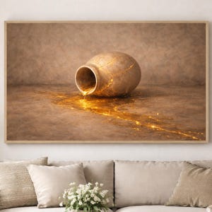 Op de afbeelding: Een ingelijste print met een beige, gebarsten vaas met gouden accenten, liggend op zijn kant. Gouden vloeistof lijkt uit de vaas te stromen en creëert een glinsterend spoor. Het kunstwerk heeft een neutraal kleurenpalet.