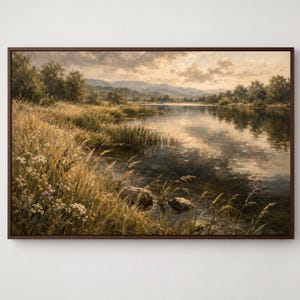 May include: A framed landscape painting depicts a serene river scene. The artwork features a brown frame, with a river reflecting the sky and surrounding trees. The foreground shows tall grasses and wildflowers in shades of yellow and green.