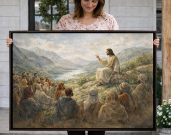 Akvarell Jesus bergspredikan konsttryck, modern kristen religiös konst för kyrka och heminredning, Jesus undervisning i tro dekor
