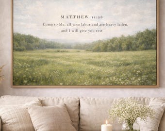 Matthew 11:28 Bible Verse Canvas Wall Art, Come to Me Scripture Print, Vintage Field Landscape Art, Faith Home Decor, Calming Christian Gift