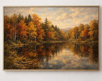 May include: A landscape painting in a wooden frame depicting a calm lake surrounded by a dense forest with autumn foliage in shades of orange, yellow, and green. The sky is filled with soft, light clouds, and the trees are reflected in the water.