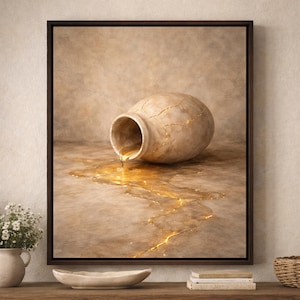 Peut inclure: Impression artistique encadrée d'un vase beige fissuré, renversé et déversant un liquide doré sur une surface assortie. Les fissures du vase sont soulignées d'or. Fond beige neutre.