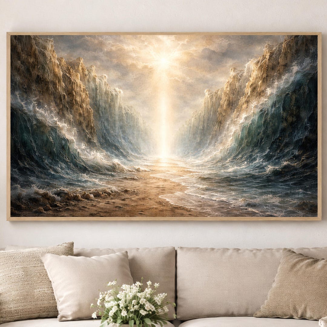 Parting of the Red Sea Christian Wall Art | Modern Biblical Canvas Artwork | Faith Based Christian Art Print, Inspirational Moses Exodus Art