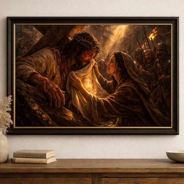 Saint Veronica Wipes the Face of Jesus Canvas Print, Via Dolorosa Christian Wall Art, Passion of Christ Painting, Catholic Sacred Art Framed