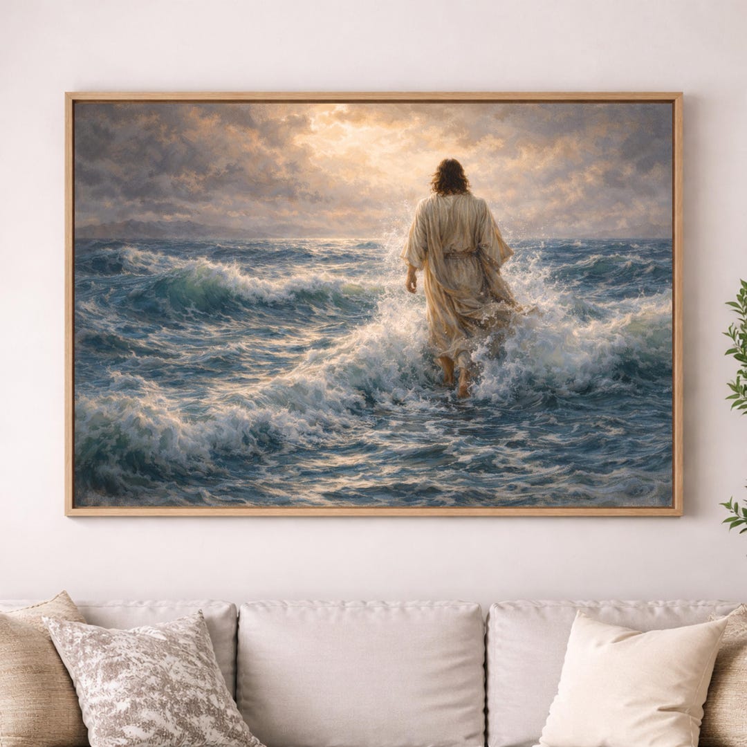 Jesus Walking on Water Wall Art | Christian Canvas Art | Faith Over Fear Painting | Jesus Ocean Artwork | Inspirational Christian Decor - 30" x 20", Unframed Canvas
