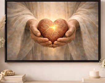 Kintsugi Heart in Jesus’ Hands Canvas Wall Art, Broken Made Beautiful Christian Artwork, Faith Restoration Oil Style Painting, Modern Decor