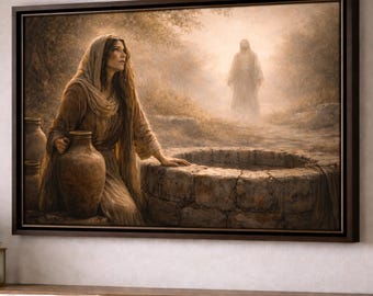 May include: A framed artwork depicts a woman kneeling near a stone well, holding a large earthen jug. She gazes upward, with a figure in the background. The artwork is rendered in warm, earthy tones, creating a serene and contemplative atmosphere.