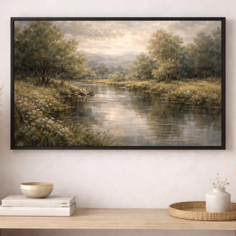 Large Framed River Landscape Canvas Wall Art, Moody Neutral Nature ...
