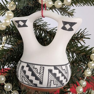 Set of 2 Kimo DeCora Isleta Pueblo Pottery Ornaments, Hand-Painted Black & White (Matching Pair)