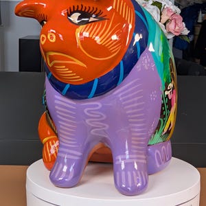 Vintage Tonalá Pottery Cat Bank, Hand Painted Folk Art, Purple Orange Kitty Statue (EL43)