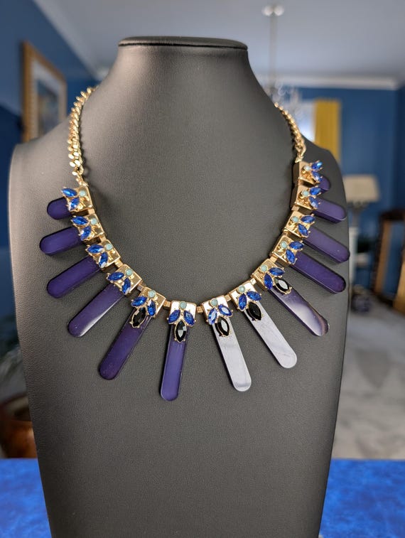 Blue Crystal Statement Necklace, Gold-Tone Radial… - image 1