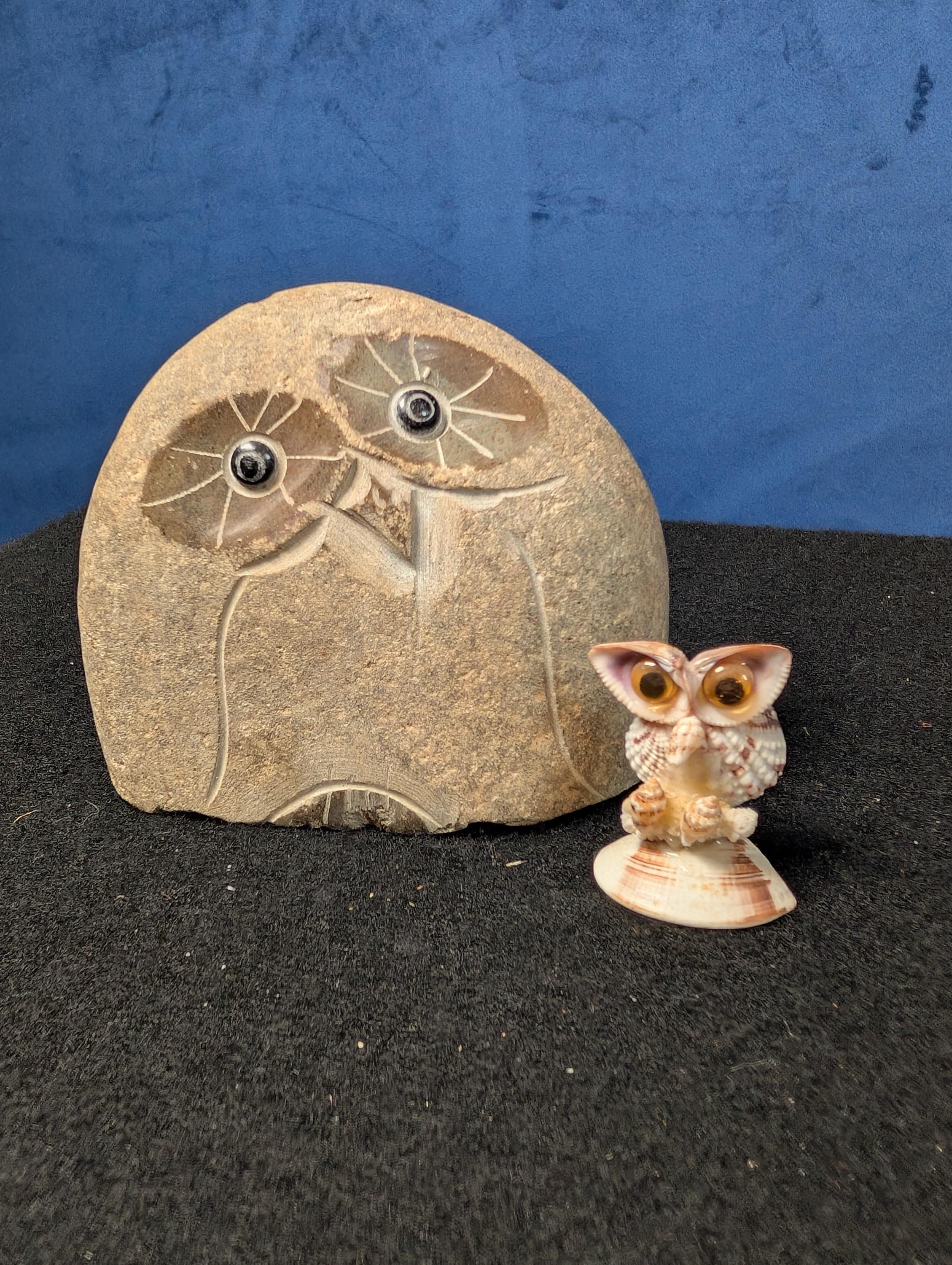 Hand Carved Stone Owl & Seashell Owl Figurines, Folk Art Sculptures