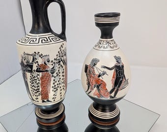 Vintage Greek Pottery Lekythos Vase & Pitcher Set - Hand Painted Museum Reproduction (CT198)