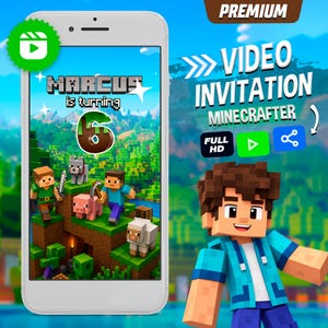 May include: A smartphone displaying a digital video invitation with Minecraft-themed graphics. The screen shows the text 'MARCUS is turning 6' above blocky characters, a pig, a wolf, and a sheep. The background features a pixelated landscape.