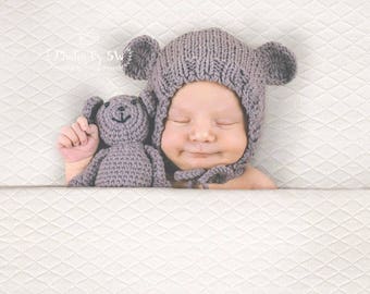 Newborn Teddy bear hat & Teddy bear SET, Newborn hat, Newborn bonnet, newborn photography prop, newborn prop bonnet