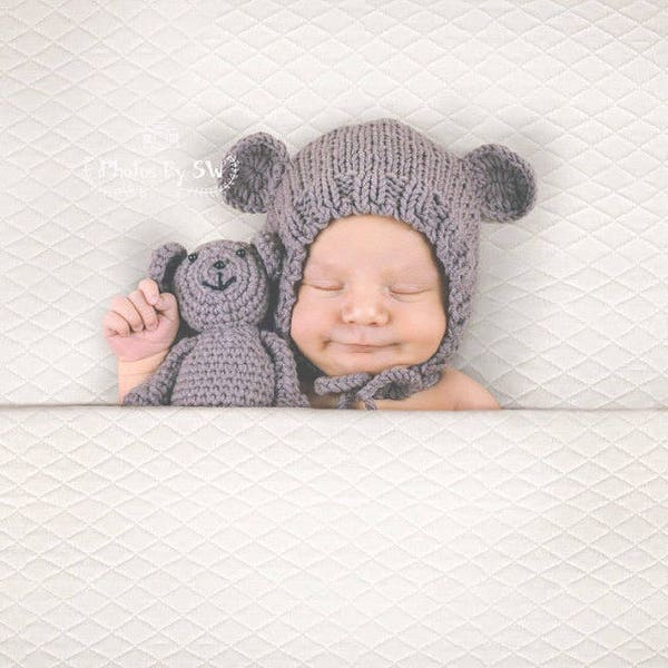 Newborn Teddy bear hat & Teddy bear SET, Newborn hat, Newborn bonnet, newborn photography prop, newborn prop bonnet