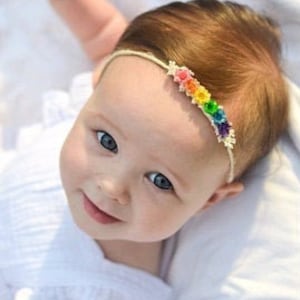 SALE- Rainbow baby, Newborn Headband, Tieback headband, Newborn photo prop, Newborn halo, Baby headband, baby photo prop