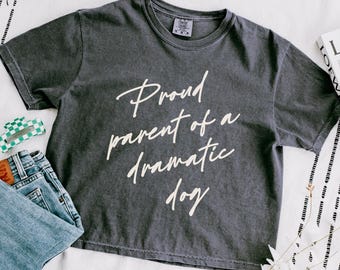 May include: A charcoal gray t-shirt with the text "Proud parent of a dramatic dog" in white script. The shirt is folded next to a pair of blue jeans and a green and white checkered hair clip.