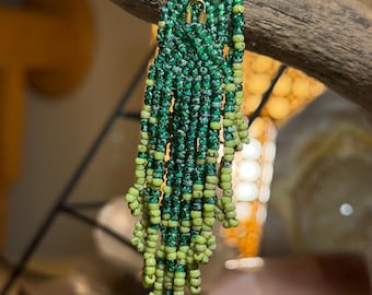 Green Gradient Earthy Handwoven Artisan Picasso Seed Bead Fringe Earrings