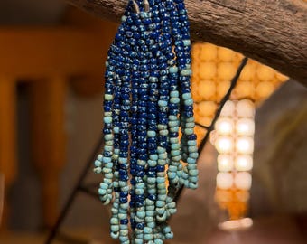 Blue Gradient Earthy Handwoven Artisan Picasso Seed Bead Fringe Earrings