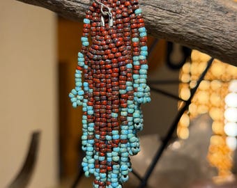 Red & Blue Earthy Handwoven Artisan Picasso Seed Bead Fringe Earrings