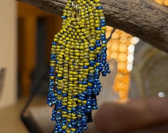 Mustard & Blue Earthy Handwoven Artisan Picasso Seed Bead Fringe Earrings
