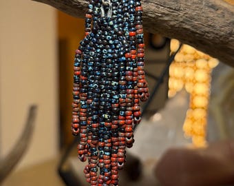 Black & Red Lava Handwoven Artisan Picasso Seed Bead Fringe Earrings