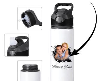 Personalised Photo & Text Water Bottle 600ml Stainless Steel Insulated Straw Lid