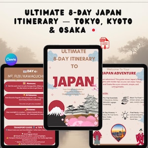 Itinéraire au Japon de 8 jours - Tokyo, Kyoto, Osaka • Modèle canva modifiable + PDF imprimable • JR Pass et conseils de voyage pour les débutants