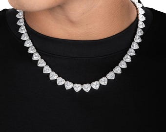 10mm Heart Tennis Chain White Gold, Iced Out CZ Romantic Necklace for Him, Love Jewelry, Bling Heart Chain