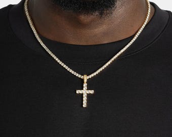 Diamond Cross Pendant & 3mm Tennis Chain Bundle White Gold, Gift Set for Him, Iced Out Religious Jewelry, Hip Hop Necklace for Boyfriend