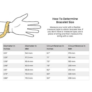 K&ouml;nnte beinhalten: Diagramm zur Messung der Handgelenkgr&ouml;&szlig;e f&uuml;r Armb&auml;nder. Enth&auml;lt eine Hand mit einem Ma&szlig;band und eine Tabelle mit Durchmessern und Umfangsmessungen in Zoll und Millimetern.