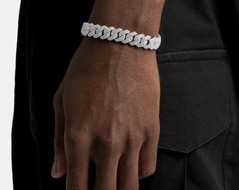 12mm Prong Cuban Bracelet White Gold, Iced Out Diamond Link Gift for Him, Hip Hop Bling Jewelry, Mens Cuban Chain Bracelet, Christmas Gift