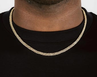 5mm Prong Cuban Chain Yellow Gold, Iced Out Diamond Link Necklace for Men, Bling Jewelry Gift for Him, Hip Hop Chain, Christmas Gift