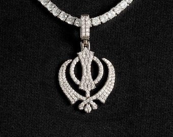 Khanda Pendant Necklace, Sikh Religious Jewelry for Him or Her, Iced Out Spiritual Charm, Gift for Boyfriend, Faith Symbol Chain