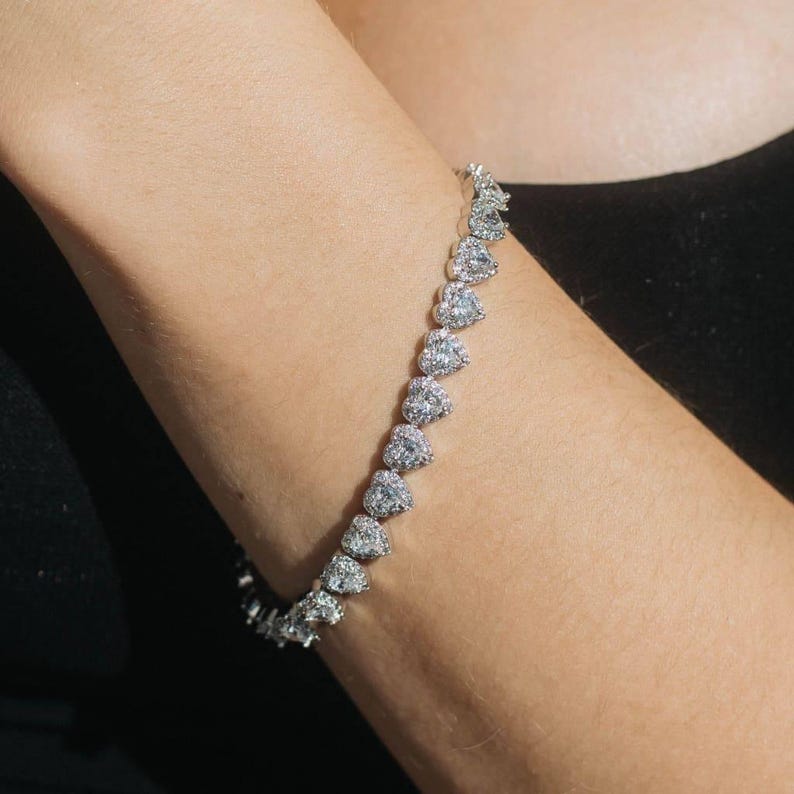 7mm Heart Cut Cluster Tennis Bracelet White Gold, Iced Out CZ Gift for Her, Romantic Jewelry for Girlfriend, Bling Statement Wristwear image 2
