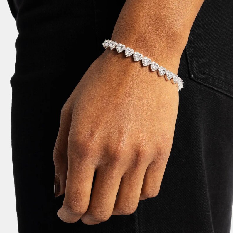 7mm Heart Cut Cluster Tennis Bracelet White Gold, Iced Out CZ Gift for Her, Romantic Jewelry for Girlfriend, Bling Statement Wristwear image 1