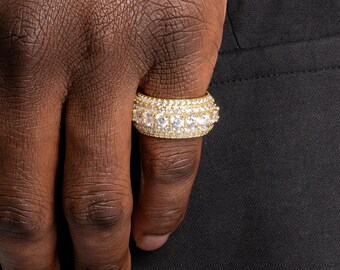 Layered Diamond Ring Yellow Gold, Iced Out Statement Ring for Him, Hip Hop Jewelry Gift, Bling Pinky Ring Men, Birthday Gift for Boyfriend