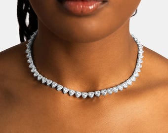 7mm Heart Tennis Chain, Cluster Iced Out Necklace for Her or Him, Romantic Jewelry, Valentine Gift