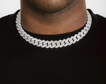 15mm Diamond Prong Cuban Chain White Gold, Iced Out Necklace for Him, Hip Hop Bling Jewelry, Gift for Boyfriend, Heavy Statement Chain