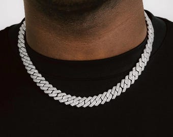 12mm Diamond Prong Cuban Link Chain, White Gold Iced Out Necklace, Hip Hop Jewelry Gift for Him, Bling Cuban Chain for Men, Christmas Gift
